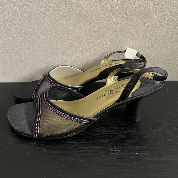 Chinese Laundry Shoes - Chinese Laundry Women’s Black Beaded Mesh Fabric Kitten Slingback Party Heels 6